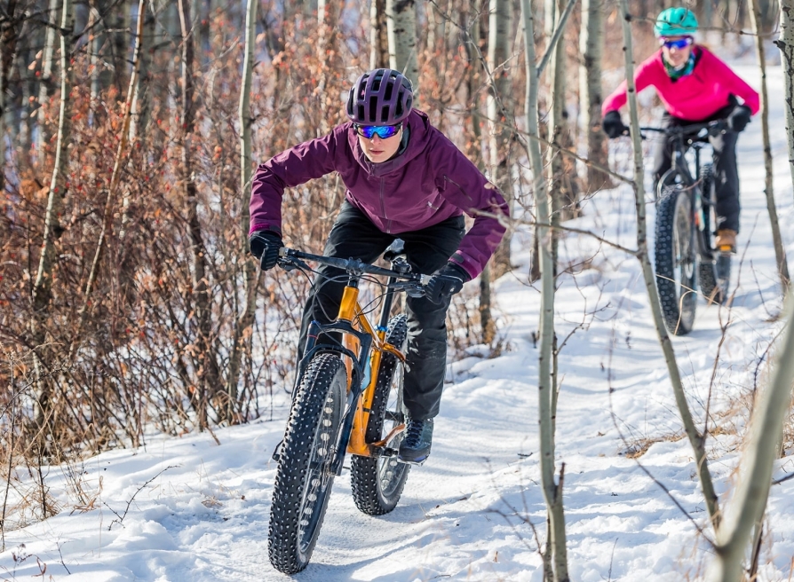 People mountain biking through snowy woods