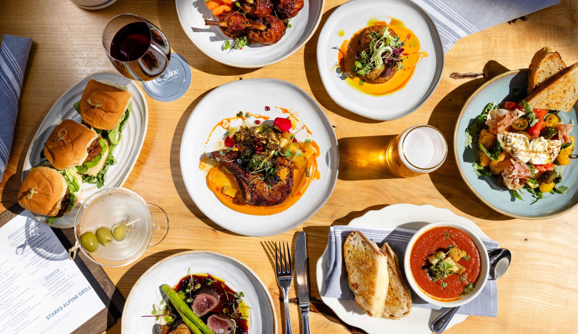 overhead image of restaurant food on table